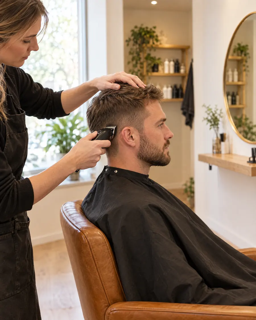 Maður við skeggi fær stutta hárið klipt við maskinu
