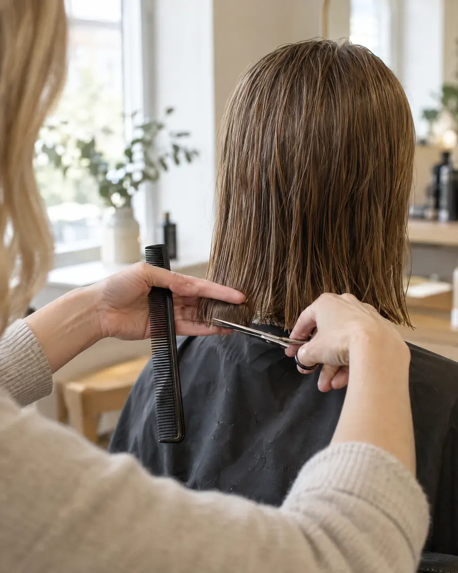 Frisørur klippir vátt hár við saks og kamb