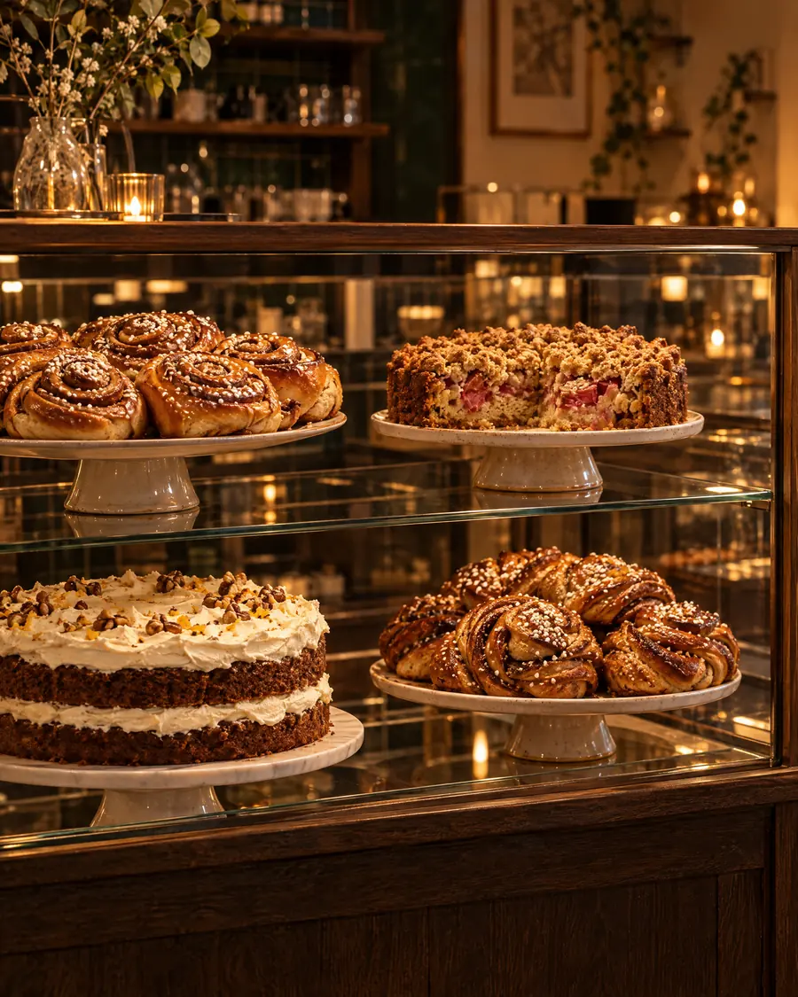 Kanelbollar, rabarbukøka og gularótarkøka í glasdiskinum