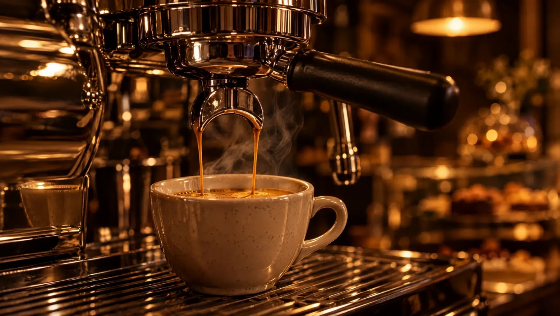 Espresso rennur úr kaffimaskinuni í ein ljósan kopp