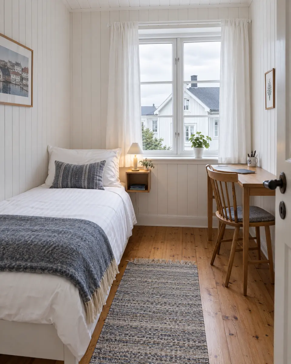 Lítið einkultkamar við einkultsong, skrivborði og stóli við vindeygað