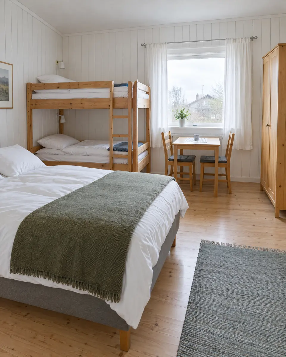 Rúmligt familjukamar við dupultsong, koyggju, borði og stólum