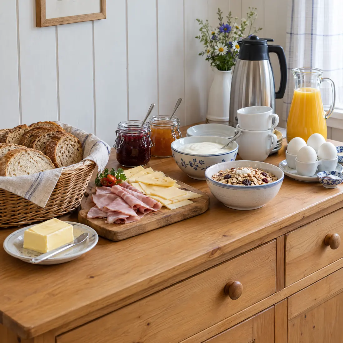 Morgunmatur á einum træskápi: breyð, ostur, smør, egg, kaffi og appilsinsaft